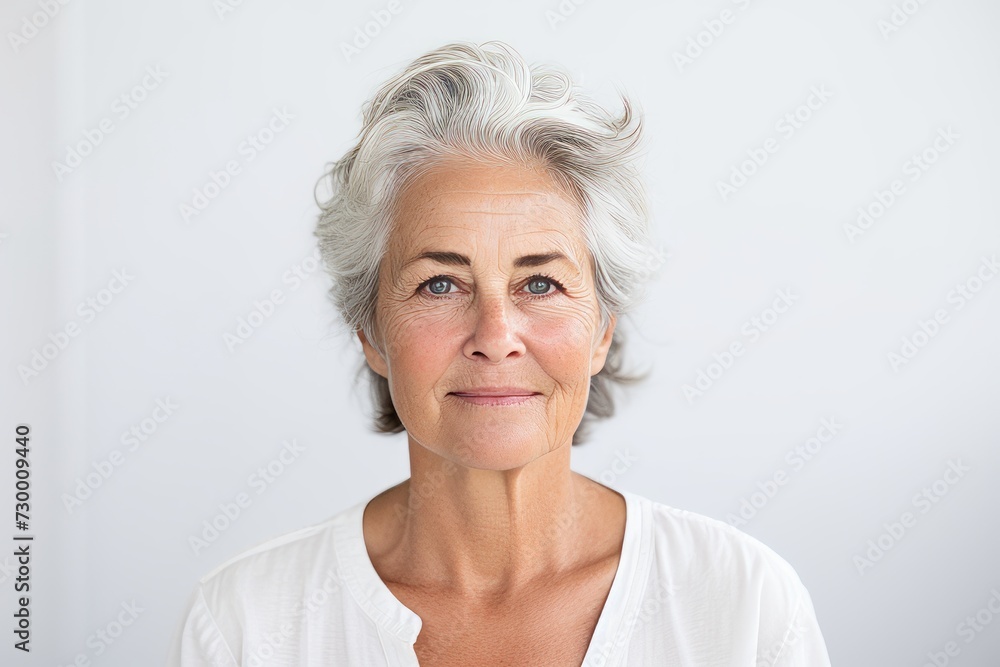Portrait of senior woman with grey hair looking at camera, isolated on white