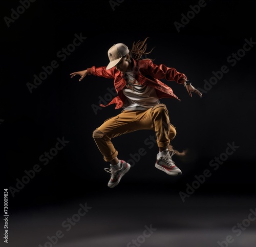 Performance Airborne, RED concept of powerful leap captured in silhouette, symbolizing the freedom and creativity of hip-hop dance.Generative AI.