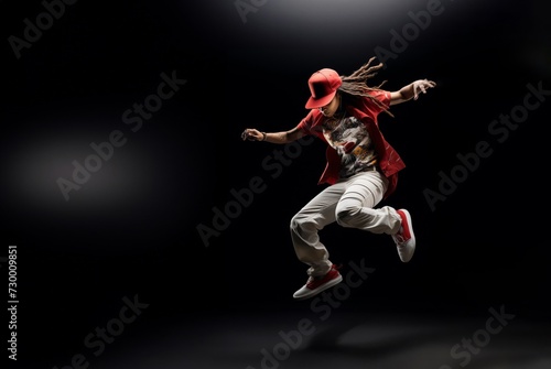 Performance Airborne, RED concept of powerful leap captured in silhouette, symbolizing the freedom and creativity of hip-hop dance.Generative AI. © Surachetsh