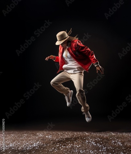 Performance Airborne, RED concept of powerful leap captured in silhouette, symbolizing the freedom and creativity of hip-hop dance.Generative AI. © Surachetsh