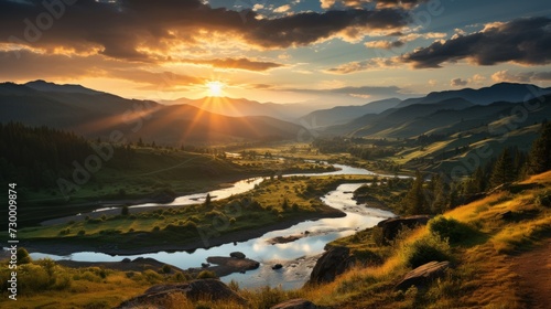 Picturesque sunset over a winding river flowing through green valleys and hills Concept: guidebooks, tourism and environmental brochures, outdoor recreation and meditative and relaxation practices.