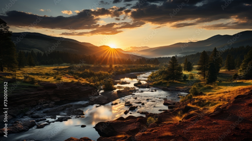 Picturesque sunset over a winding river flowing through green valleys and hills
Concept: guidebooks, tourism and environmental brochures, outdoor recreation and meditative and relaxation practices.