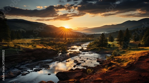 Picturesque sunset over a winding river flowing through green valleys and hills Concept: guidebooks, tourism and environmental brochures, outdoor recreation and meditative and relaxation practices. © Marynkka_muis