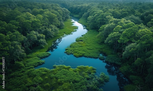 Swampy river in a green forest, top view.
