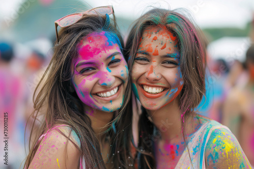 Holi festival. Happy friends with faces smeared in Holi colors, laughing and enjoying the vibrant, festive atmosphere together. © Old Man Stocker
