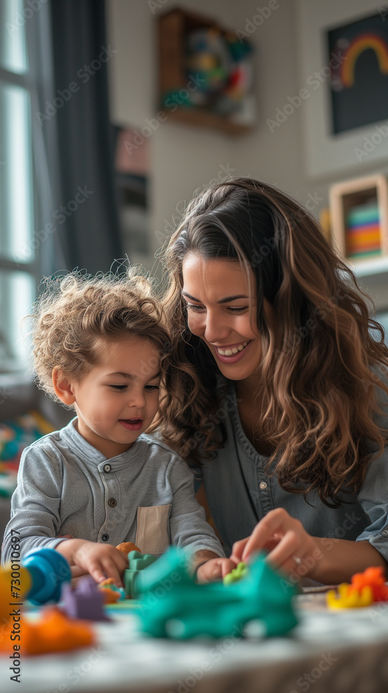 Naklejka premium Mom with a kid playing in educational toys,ai