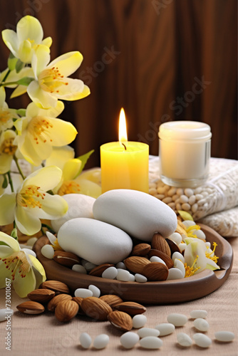 spa with towels candles and almonds