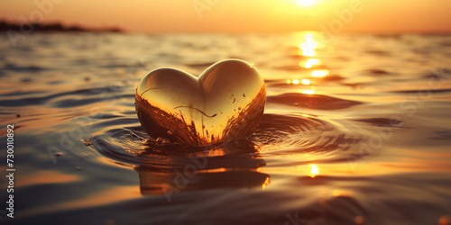 heart in the sea, Golden heart shape, Clear glass heart on sand beach with sunrise sun light 
