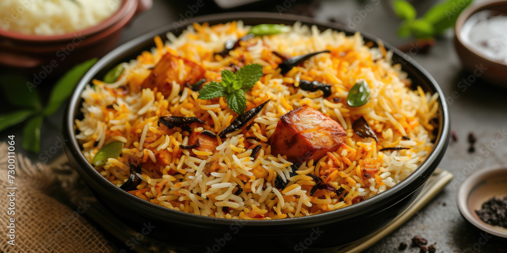 Aromatic Chicken Biryani in Clay Pot. A traditional Indian chicken biryani dish with fragrant rice, spices, and herbs served in a bowl. Aromatic Chicken Biryani in Clay Pot. A traditional Indian chicken biryani dish with fragrant rice, spices, and herbs served in a bowl.