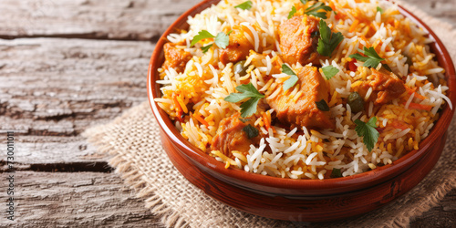 Aromatic Chicken Biryani in Clay Pot. A traditional Indian chicken biryani dish with fragrant rice, spices, and herbs served in a bowl.