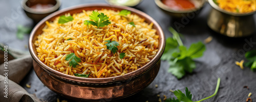 Aromatic Chicken Biryani in Clay Pot. A traditional Indian chicken biryani dish with fragrant rice, spices, and herbs served in a bowl, copy space.