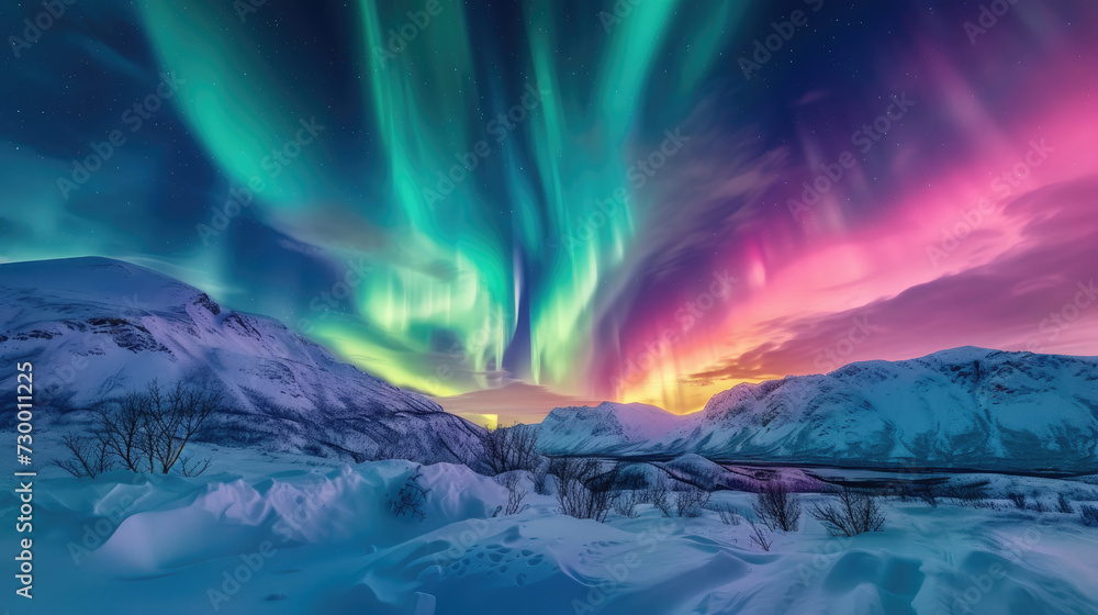 Aurora Borealis splendor over snowy mountain landscape