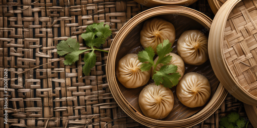 Fototapeta premium Assorted different Dim Sum in Bamboo Steamers bowl. Close-up of various dim sum in bamboo steamers, ready to serve.