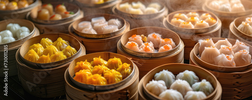 Assorted different Dim Sum in Bamboo Steamers bowl. Close-up of various dim sum in bamboo steamers, ready to serve. photo