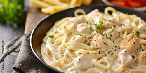 Chicken Alfredo Pasta with Cream Sauce. Grilled chicken breast slices over fettuccine alfredo, garnished with parsley on a plate.