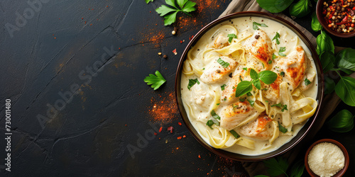 Chicken Alfredo Pasta with Cream Sauce. Grilled chicken breast slices over fettuccine alfredo, garnished with parsley on a plate, copy space. photo