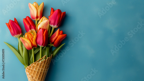 Wafer cone with tulips on a blue background. Flower ice cream, spring concept with first flowers, mother's day, birthday, top view.  © VIKTORIIA DROBOT