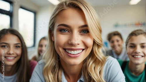 Bright classroom selfie of a young blonde woman smiling confidently, surrounded by students, with a casual grey top.