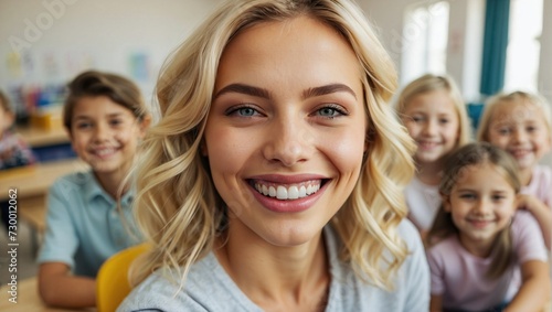 Close-up selfie of a young blonde female teacher in a classroom, smiling with students in the background, wearing a casual grey shirt.