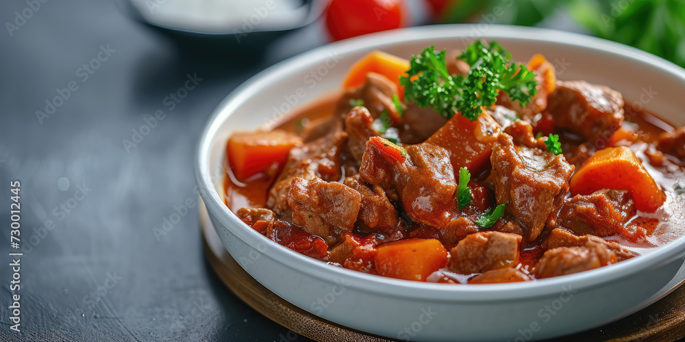 Hearty Beef Goulash with Carrots. Traditional beef goulash stew with carrots and parsley, served in a bowl, copy space. Hearty Beef Goulash with Carrots. Traditional beef goulash stew with carrots and parsley, served in a bowl, copy space.