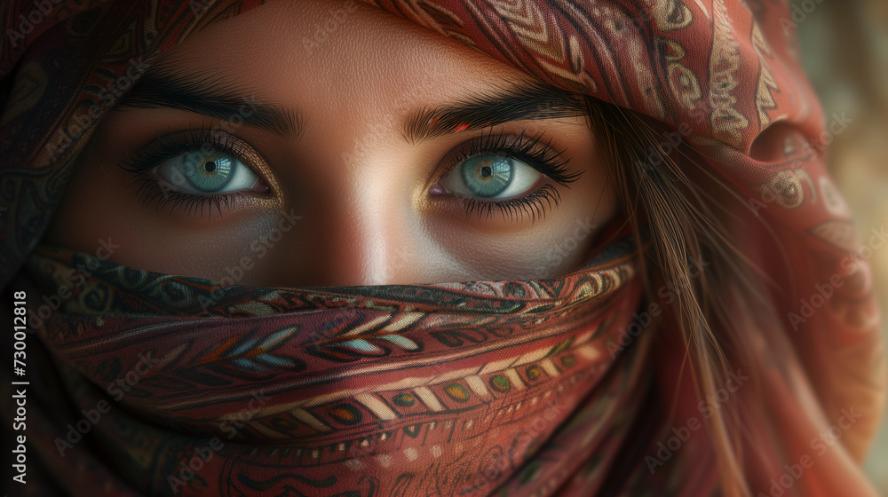 Arabic Woman. Intense gaze of an Arabic woman with striking eyes, partially veiled by a richly patterned scarf, portraying beauty and mystery. Arabic Woman. Intense gaze of an Arabic woman with striking eyes, partially veiled by a richly patterned scarf, portraying beauty and mystery.