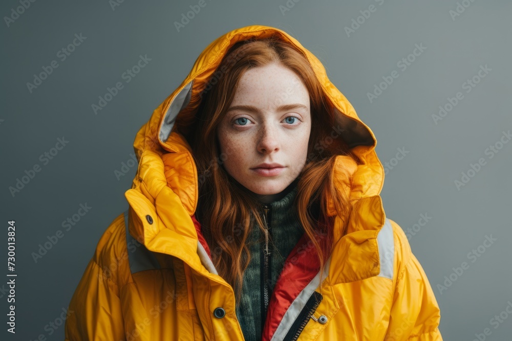 Redhead girl in a yellow raincoat on a gray background. Redhead girl in a yellow raincoat on a gray background.
