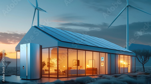 Home energy storage devices, wind turbines, solar panels. Generative AI. photo