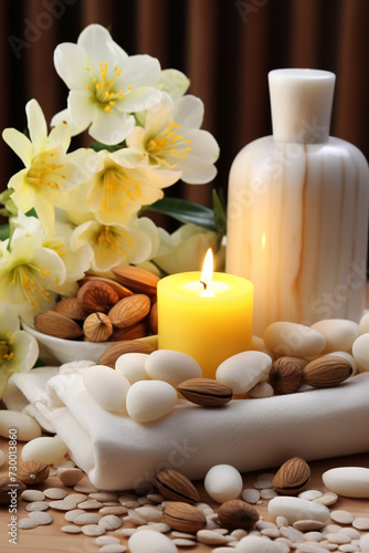 spa with towels candles and almonds