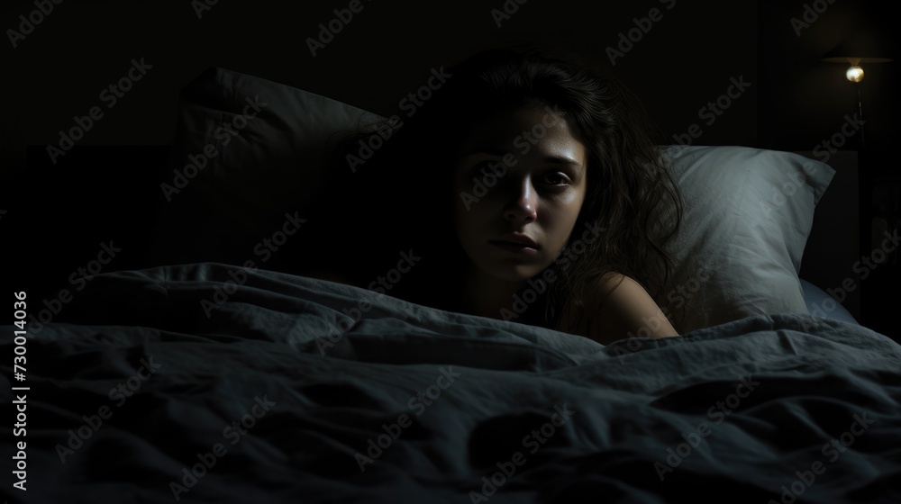 A woman lies in bed in a dark room and suffers from nightmares and insomnia. - obrazy, fototapety, plakaty 