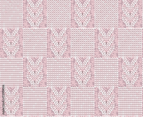 Light pink knitting texture of braids and squares seamless pattern. Vector illustration.