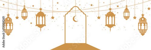 Arabic islamic hanging lantern vector. Ramadan kareem window or door with golden lanterns, stars, and moon illustration. Eid Mubarak isolated elements.