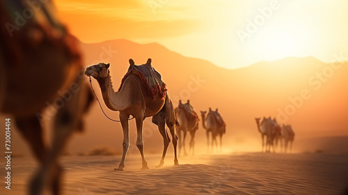 camel in the desert at on sunset, Habibi Jam Sahara Camel caravan in the desert at sunrise , Silhouette Camels In The Desert With Orange Sunset Background, Camel in the dunes of the desert, sunset the