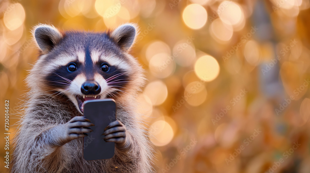 Obraz premium Surprised raccoon holding a smartphone with a comical expression.