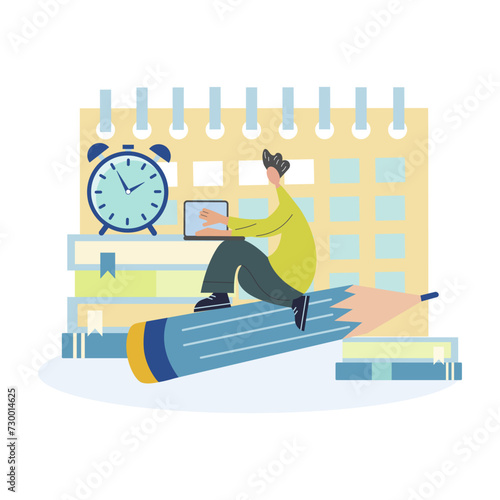 Student, office worker, employee doing urgent work, deadline concept, vector illustration