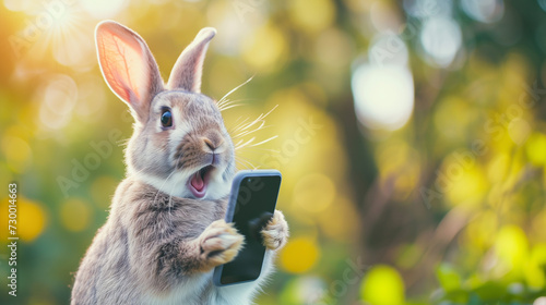 Surprised rabbit holding a smartphone with a comical expression. photo