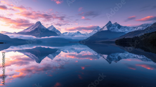 Majestic mountains with perfect reflections in calm lakes and amazing colored skies at dawn © boxstock production