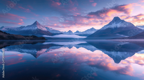 Majestic mountains with perfect reflections in calm lakes and amazing colored skies at dawn