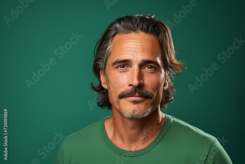Portrait of a handsome man with beard and mustache on a green background
