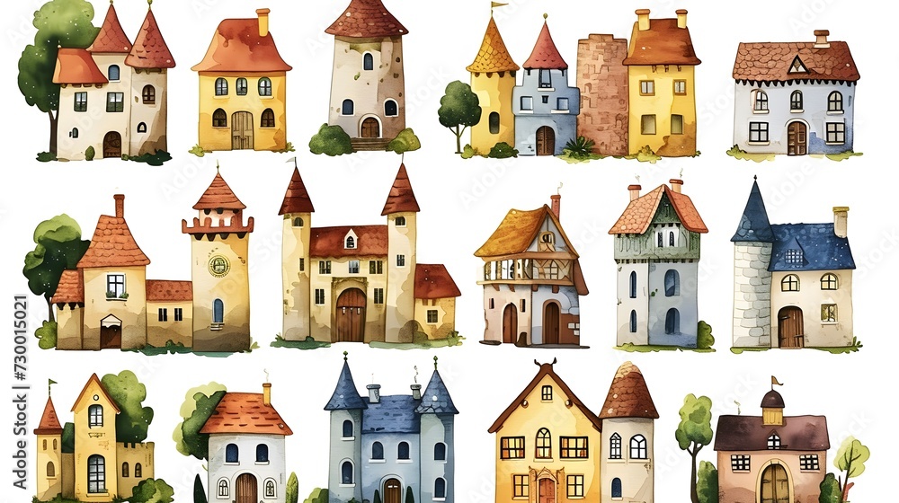 Naklejka premium watercolor clip art set fairy tales, castles, fairies, and magical creatures