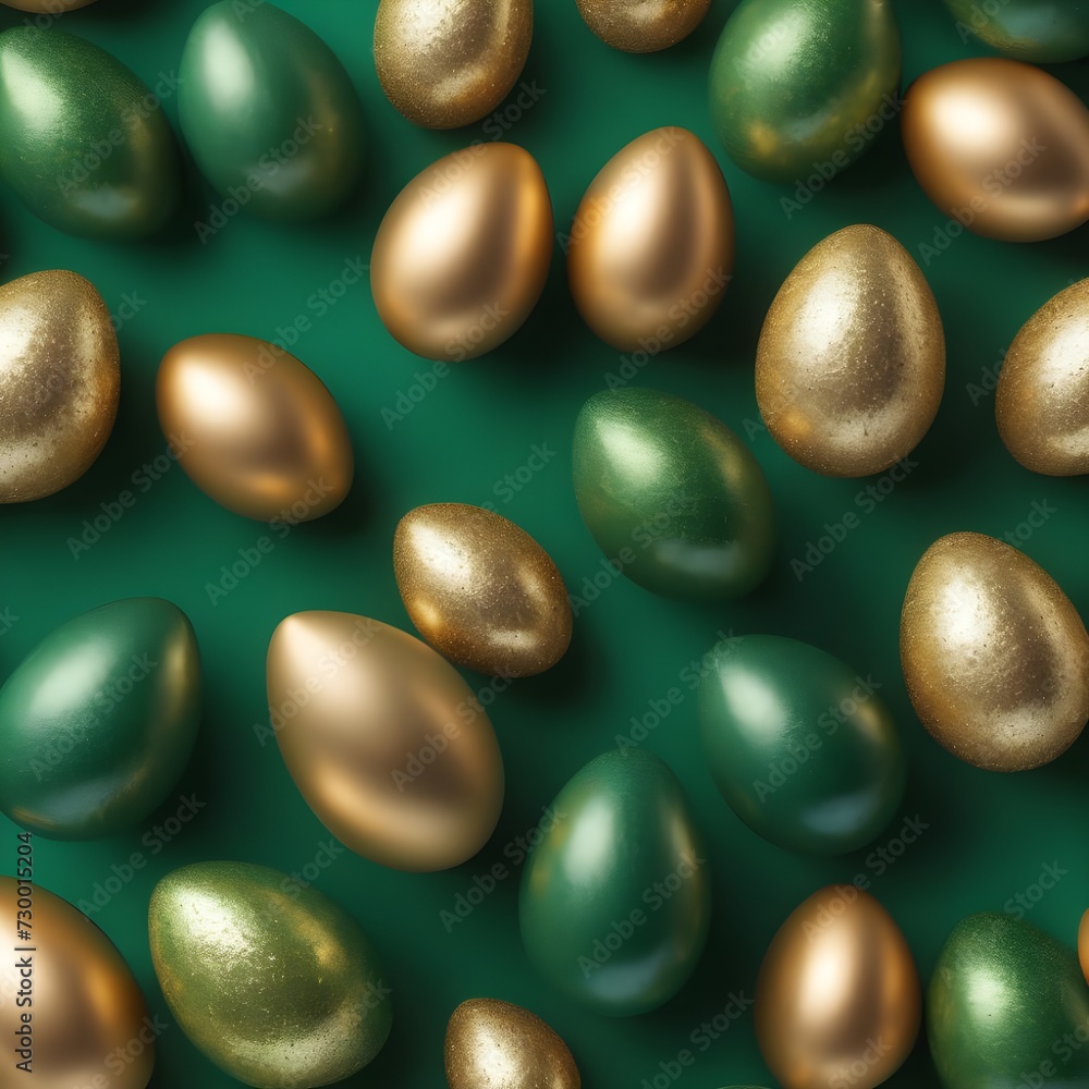 Easter eggs, dark green with gold on a green background. View from above. Flat lay. Easter eggs, dark green with gold on a green background. View from above. Flat lay.