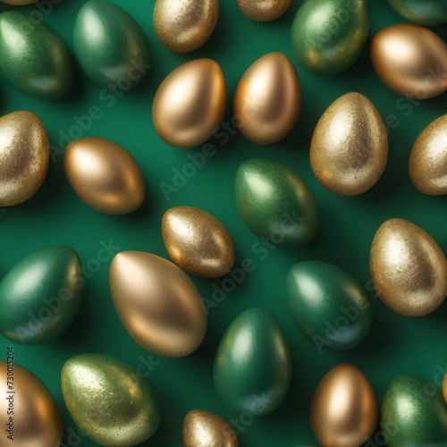 Easter eggs  dark green with gold on a green background. View from above. Flat lay.