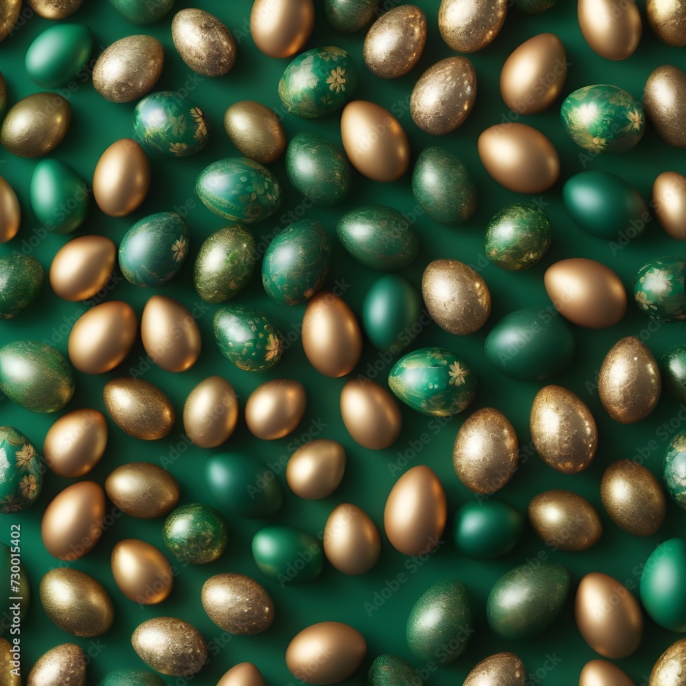 Easter eggs, dark green with gold on a green background. View from above. Flat lay. Easter eggs, dark green with gold on a green background. View from above. Flat lay.