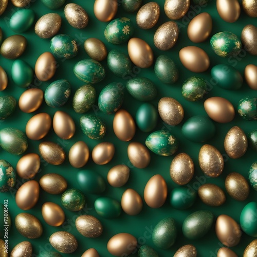 Easter eggs  dark green with gold on a green background. View from above. Flat lay.