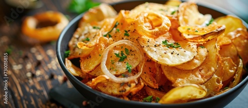 Traditional potato chips with roasted onion rings and herbs presented in a close-up in a modern skillet.