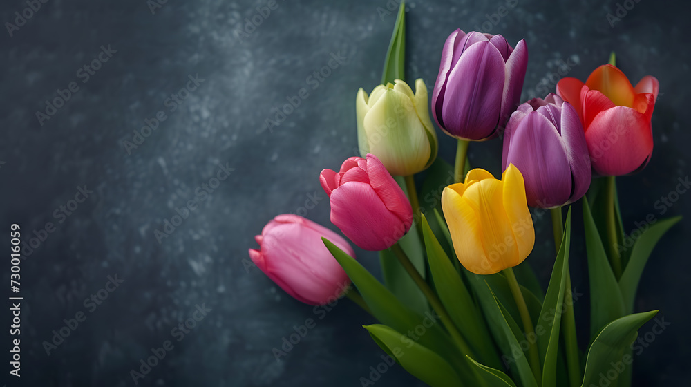 Bouquet of colorful tulips on dark background with copy space