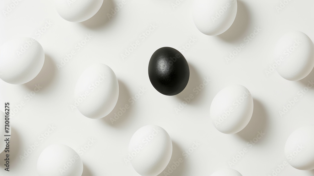 Aesthetic flat lay of white eggs with one black egg White background. Creative accent concept. Copy space. Generative AI