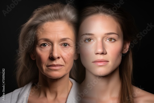 An illustration showing aging of a woman against dark background. Mother and daughter. Young and elder females. Youth. Senior. Feminine beauty of all ages. Changes in the face during years. Skincare