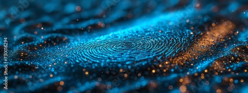 Close-up of a digital fingerprint pattern with glowing blue particles