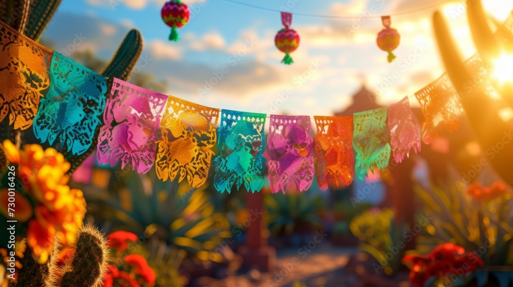 Traditional Mexican papel picado banners in sunset light