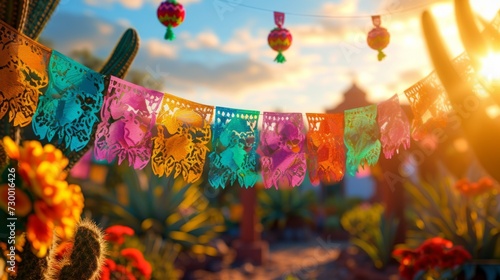 Traditional Mexican papel picado banners in sunset light photo